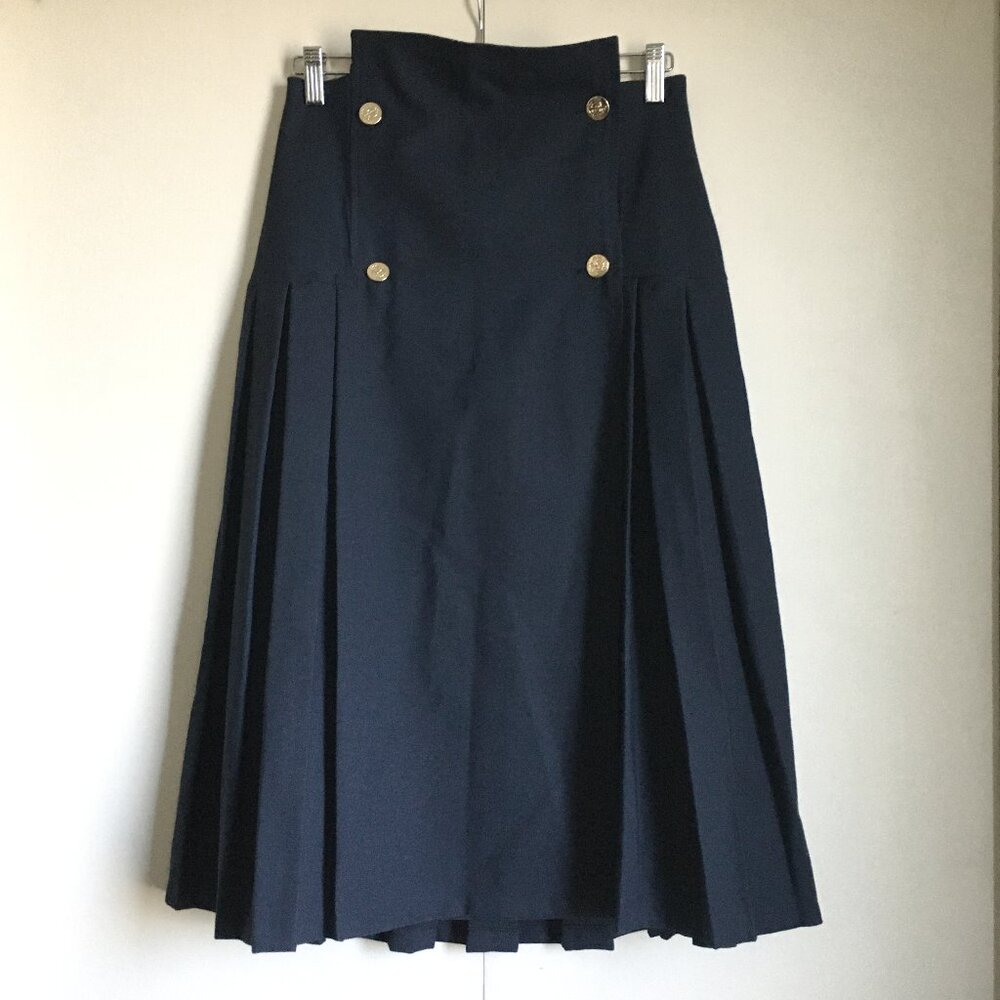 Designer Dark Academia Military Pleated Double-Breasted Dark Navy Blue Skirt 28W